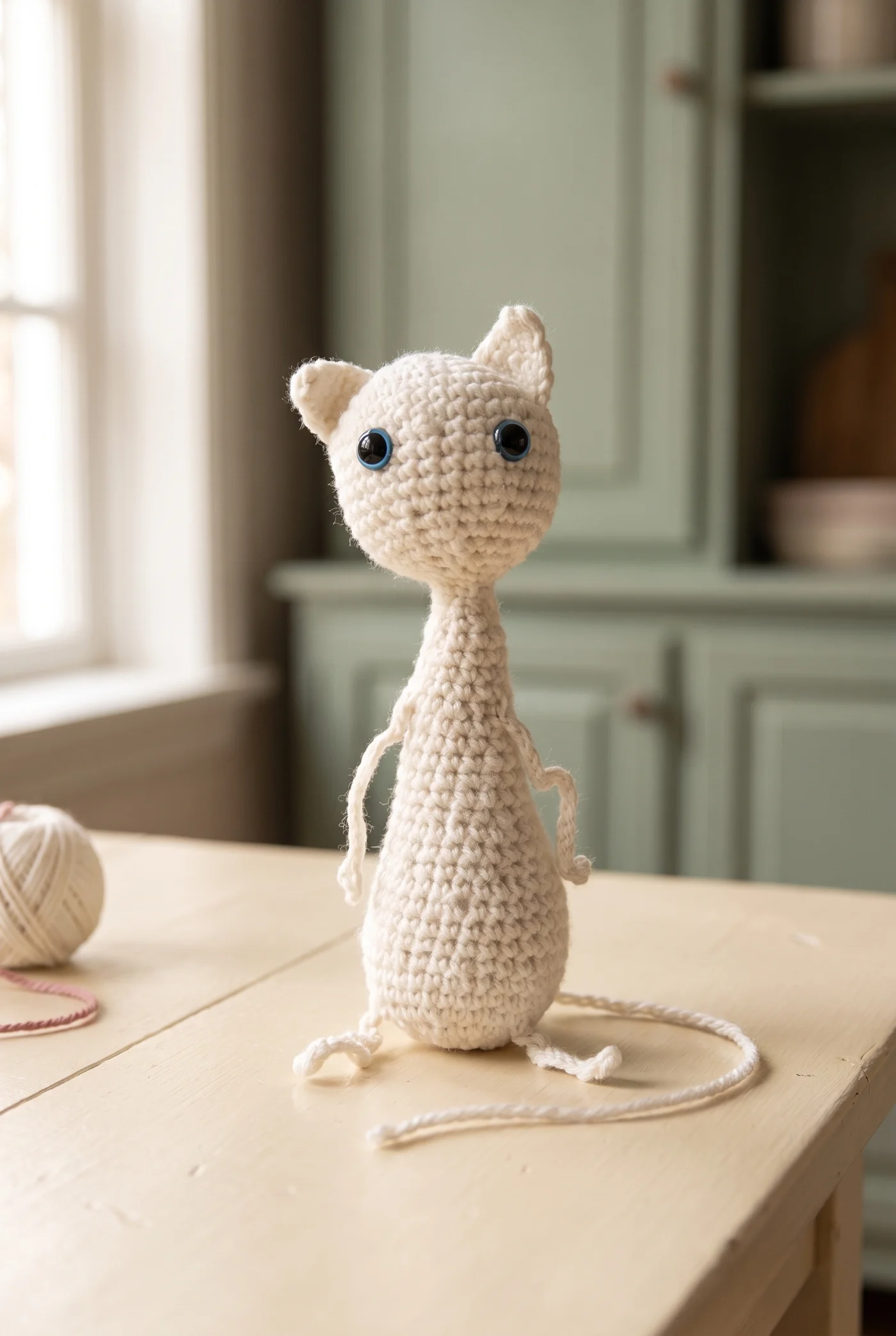 AI-created portrait of the ivory yarn cat on a cream atelier table in soft window light